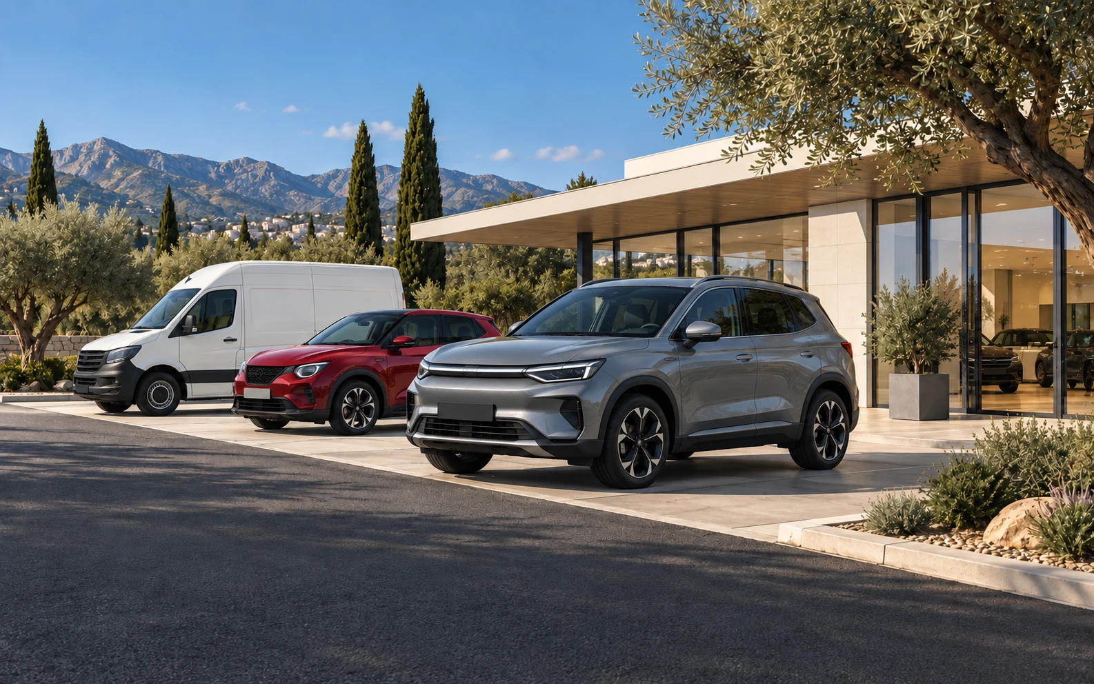 BYD, Nissan και van Mercedes έξω από έκθεση αυτοκινήτων χωρίς σήμανση