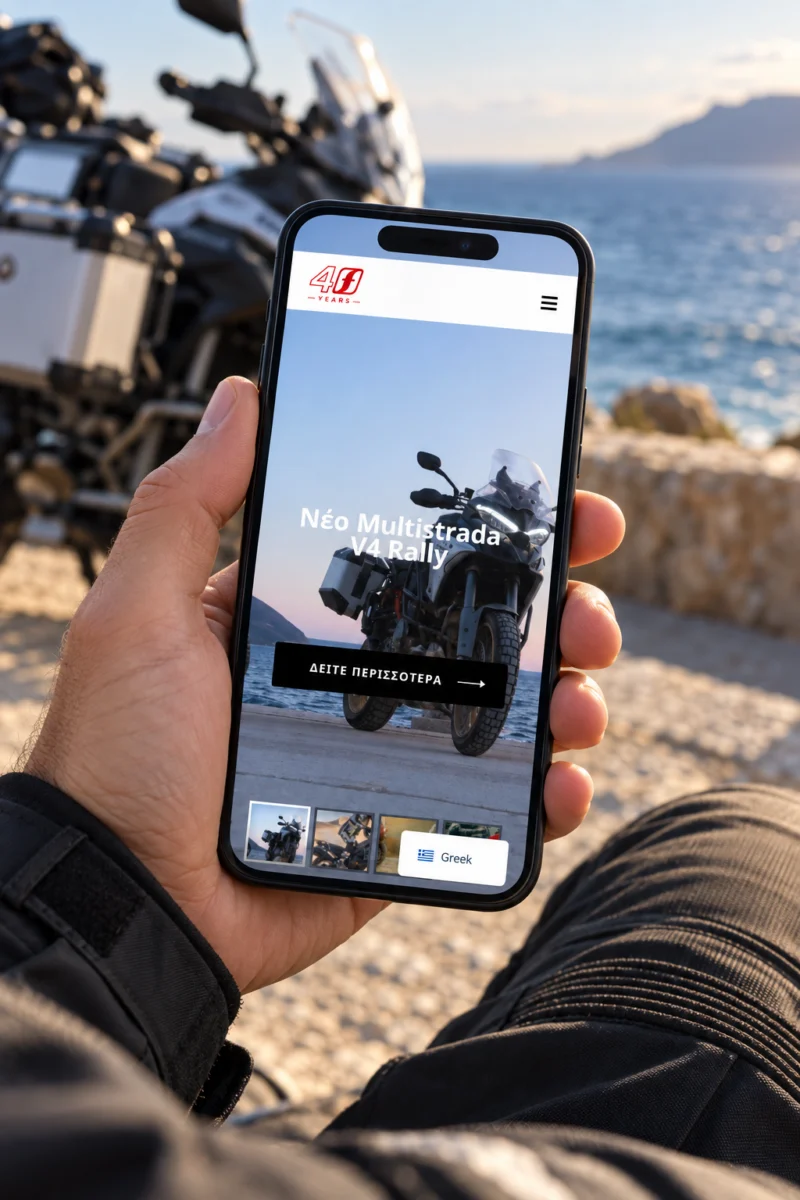 Browsing Fan Moto on a phone beside the sea