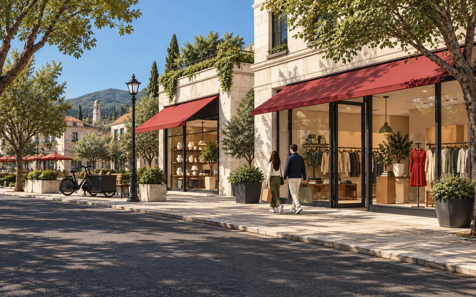 Εμπορικός δρόμος με καταστήματα και πεζούς